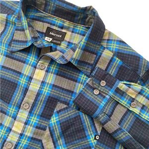 Marmot Men's Vibrant Blue and Green Plaid Long Sleeve Button Up Shirt